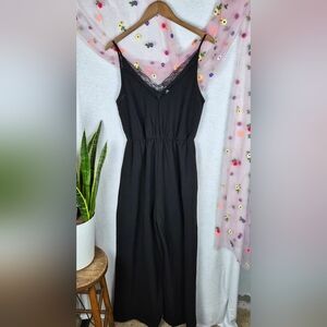 Kiki LaRue Black Lace Trim Jumpsuit Size Large Wide Leg Stretch Waist